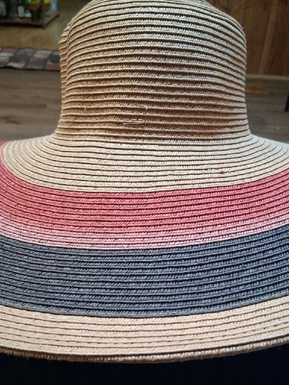 Wide Brim Straw Sun Hat with Pink and Gray Trim